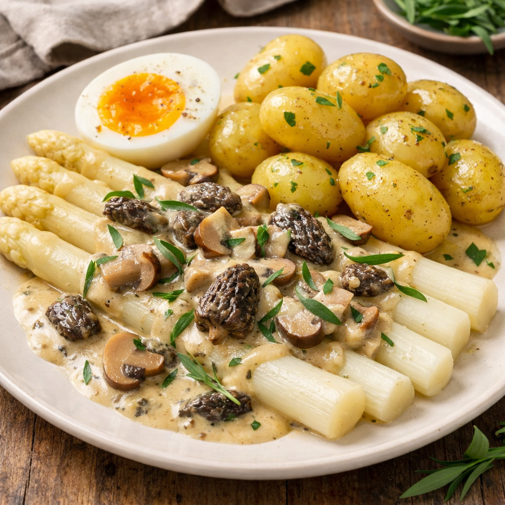 Donderdag 23 april; asperges met paddenstoelen, morilles en dragon roomsaus, krieltjes en tijm