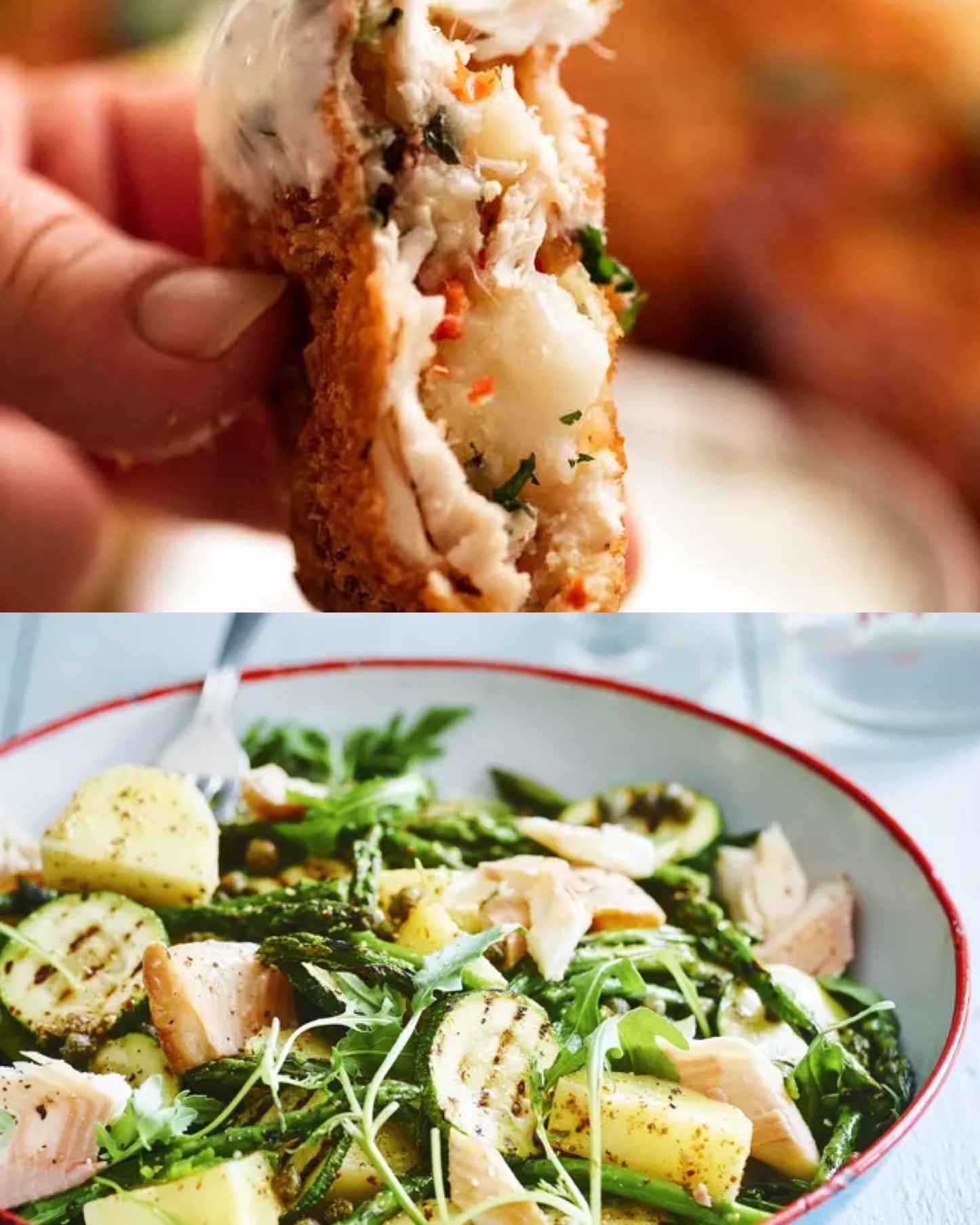 Viskoekjes met ravigottesaus, aardappelsalade met courgette en asperges.