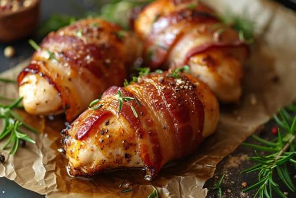 Gevulde kipfilet in spek met rozeval aardappeltjes, mosterdsaus en oesterzwam