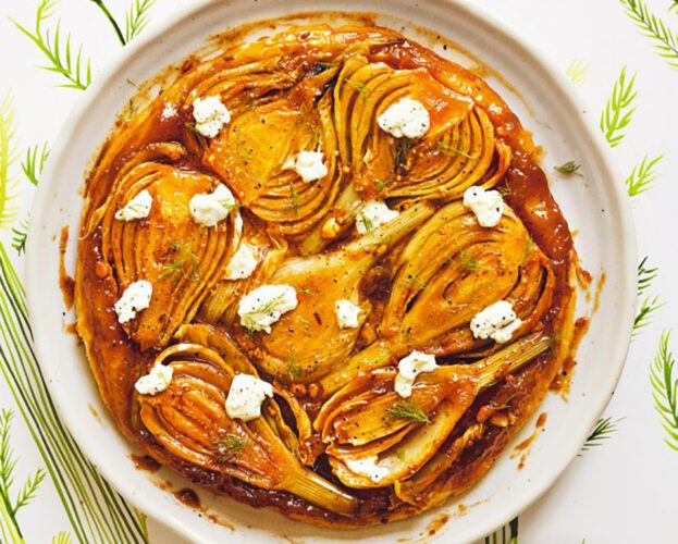 Quiche van de week; tarte tatin van venkel met sinaasappel en geitenkaas topping