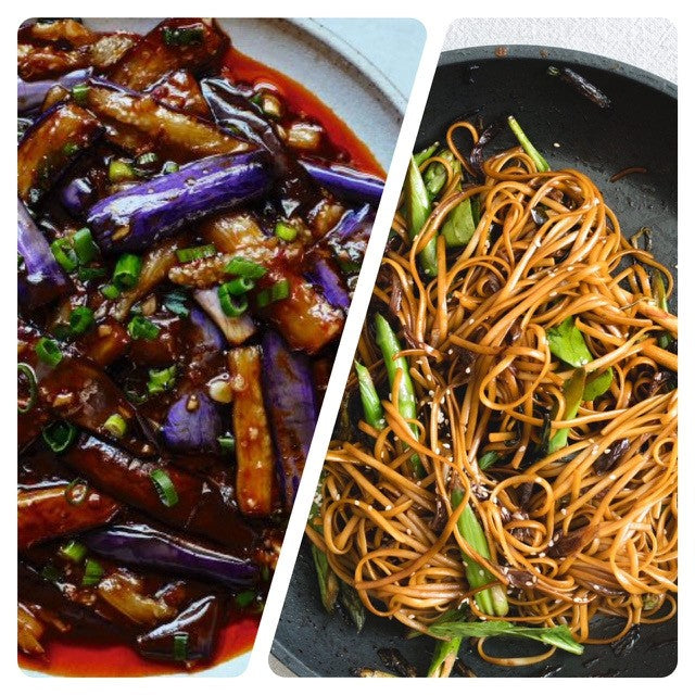 Dinsdag 30 juni; sechuan aubergine met roerbakken noedels en sugar snaps