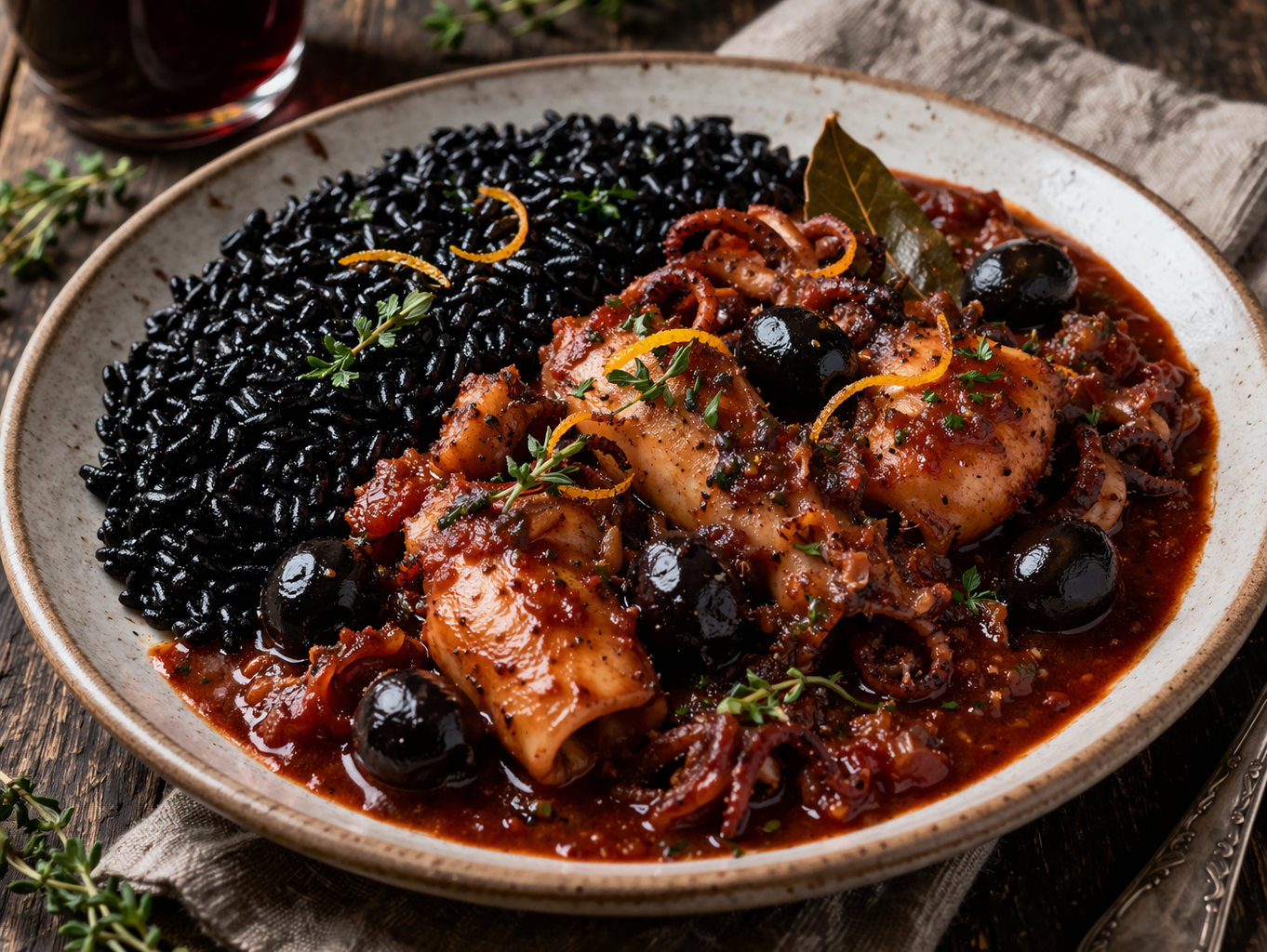 Inktvis (zeekat) op Setoise wijze met zwarte rijst.
Gesmoorde inktvis met tomaat, zwarte olijven, kruiden en aioli.