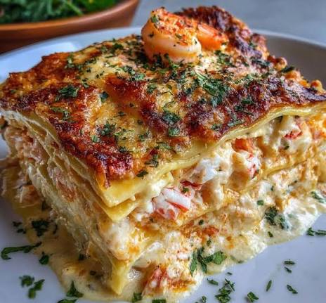 Romige lasagne met verschillende vis, mossel en gamba
