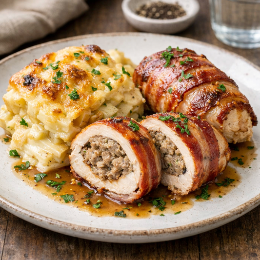 Kipfilet in spek gevuld met kalfsgehakt en kruidenkaas met knolselderij aardappel gratin
