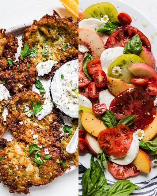 Donderdag 2 juli; Griekse courgette “fritters” met tsatsiki en salade tomaat, nectarine, mozzarella en basilicum