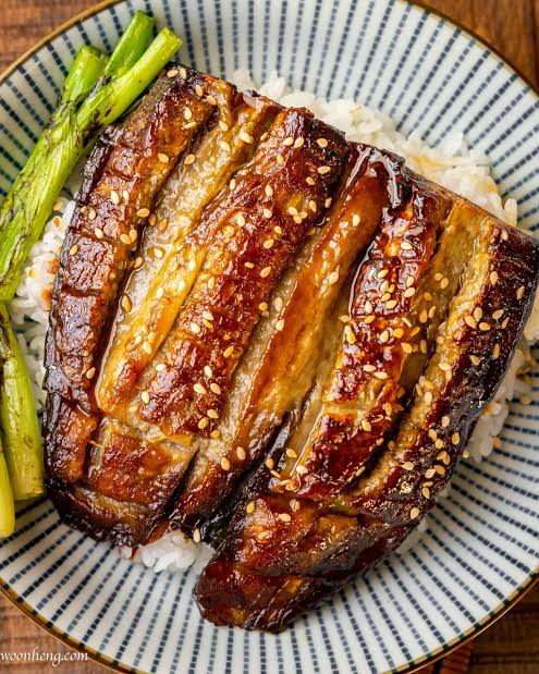 Dinsdag 11 aug; unagi aubergine met sushirijst.