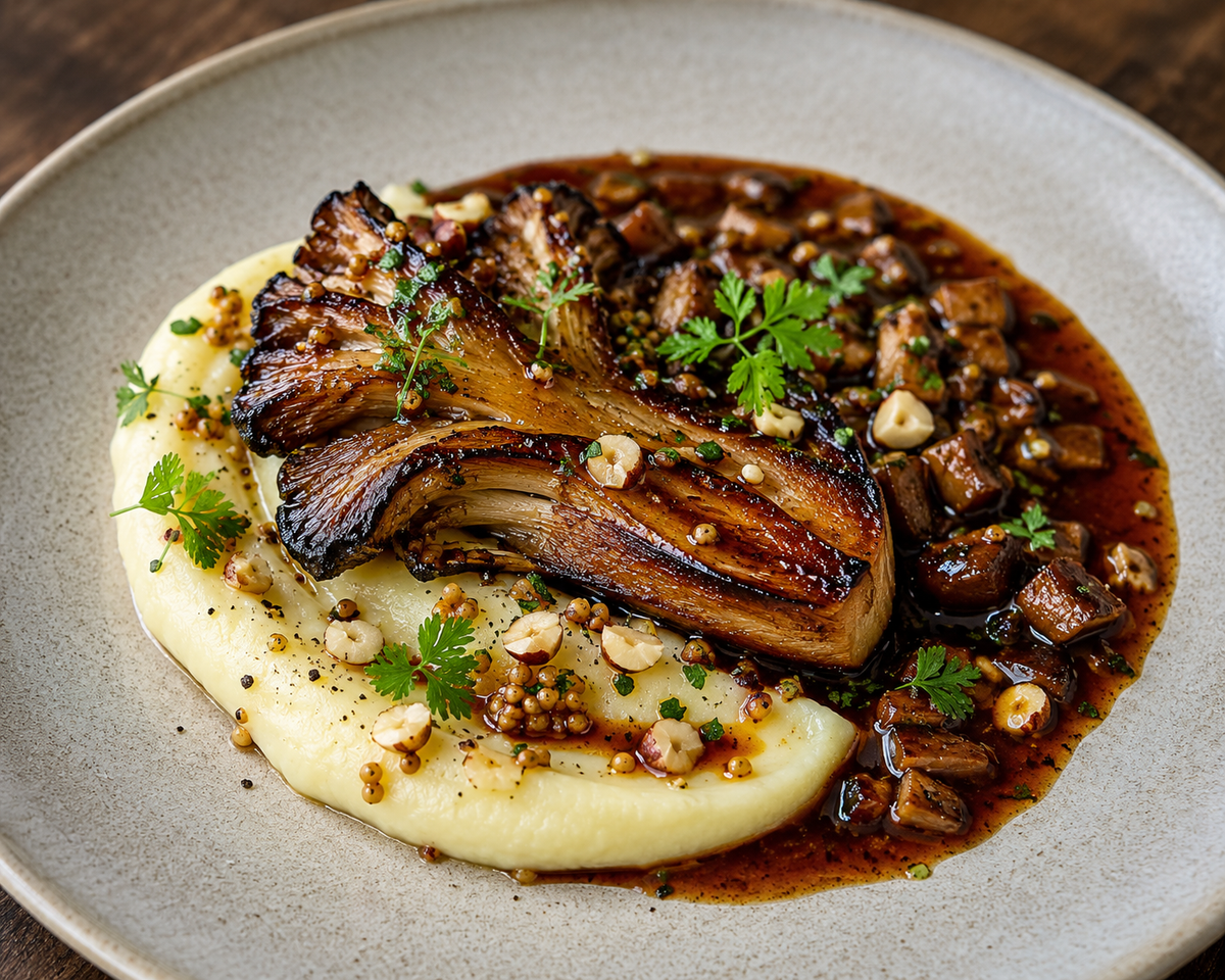Donderdag 8 oktober; Oesterzwamsteak met zwarte knoflook, aardappelpuree & paddenstoelenjus