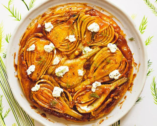 Quiche van de week; tarte tatin van venkel met sinaasappel en geitenkaas topping