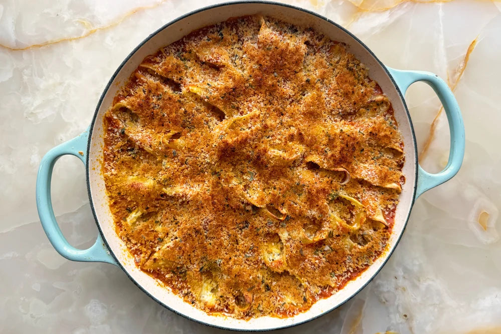 Dinsdag 20 oktober; gevulde pasta met oa ricotta in pompoensaus gegratineerd met paneermeel en parmezaan