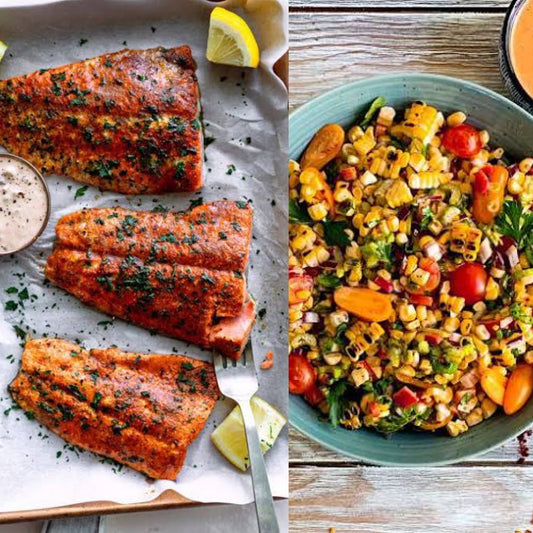 Cajun zalm met Maque Choux (gesmoorde maïs, paprika, ui, bleekselderij knoflook en room) en sauce ‘Tartare’