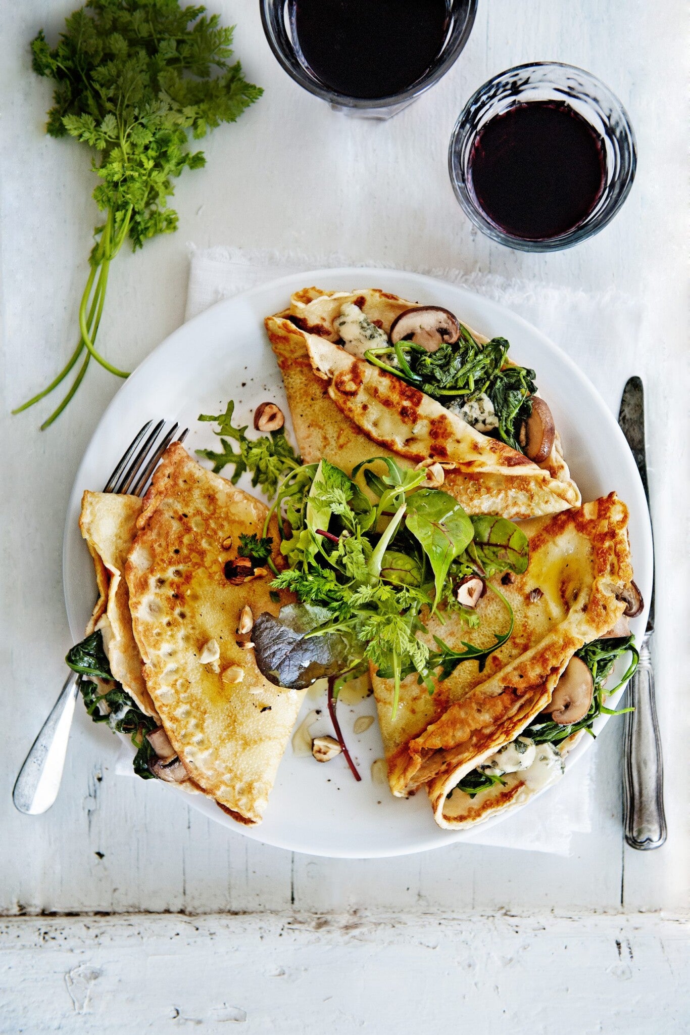 Dond. 3 sept: Crêpe met spinazie, champignons en Roquefort