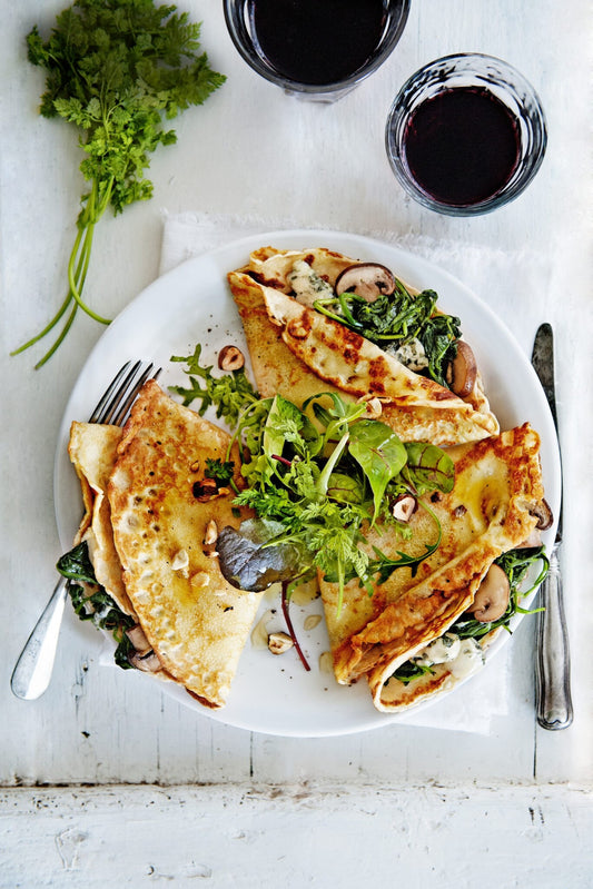 Dond. 3 sept: Crêpe met spinazie, champignons en Roquefort