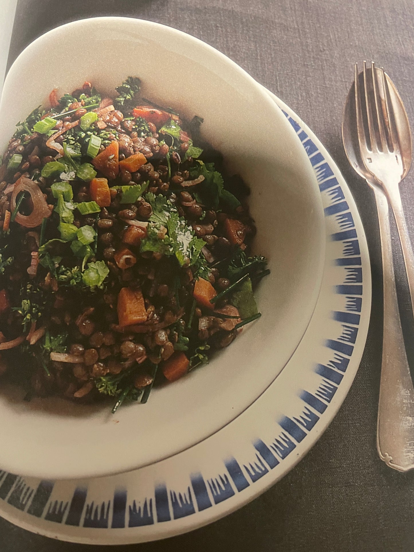 Lauwwarme linzensalade met groenten, walnoten, blauwe kaas en vinaigrette (bijgerecht); per persoon