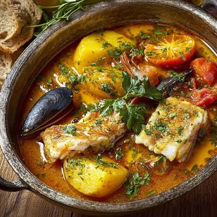 Bouillabaise: rijk gevulde Zuid-Franse maaltijd-, vissoep met aardappel, tomaat, venkel & croutons - rouille - gruyère