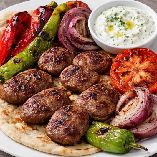 Køfte van lamsgehakt met Turkse tomatenrijst, gegrilde groenten, Tsaziki en platbrood