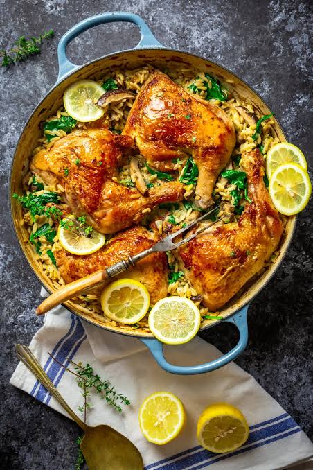 Geroosterde kip met romige prei orzo