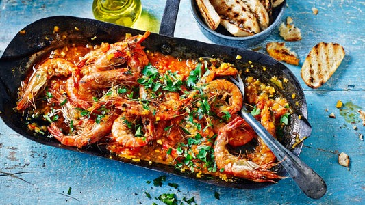 Gamba's ala busara, in heerlijke tomatensaus met pasta