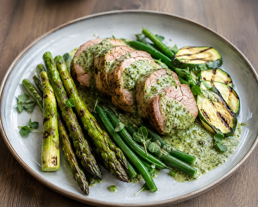 Varkenshaas met groene (kruiden) saus, gegrilde groene asperges, courgette en boontjes